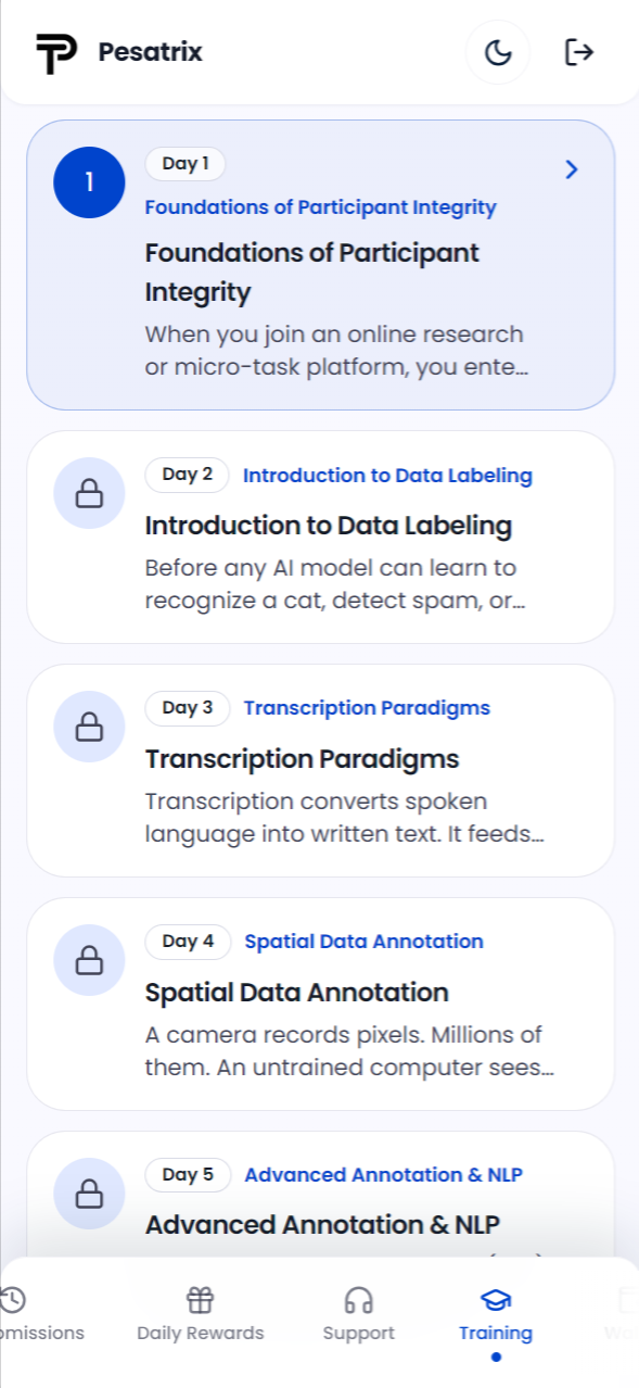 Pesatrix training page UI